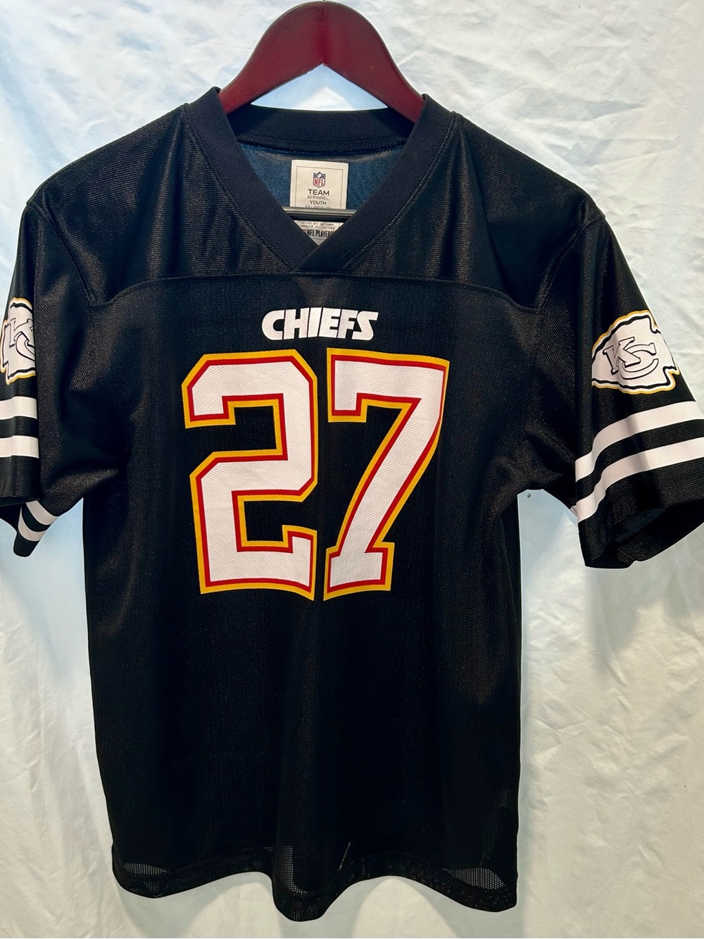 NFL Chiefs Black Red White Youth Jersey #27